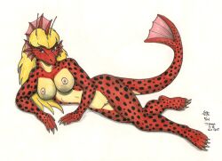 1girls antennae_(anatomy) anthro aquatic aquatic_dragon black_spots blond_hair breasts claws dragon female frill_(anatomy) ironbadger laying_on_side long_hair marine naked nipples nude pussy reptile scalie sea_dragon spots spotted_body spotted_markings spotted_scales titanosaurus toe_claws vagina