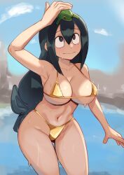 1girls bikini breasts female green_hair hyenahonk large_breasts light-skinned_female light_skin long_hair my_hero_academia thick_thighs tsuyu_asui wide_hips