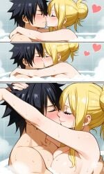 ai_generated ai_slop_(low_quality_ai) bathtub black_hair blonde_hair blushing_at_partner breasts bun fairy_tail gray_fullbuster hair_tied_up kissing lucy_heartfilia pixai romantic_couple steam water wholesome