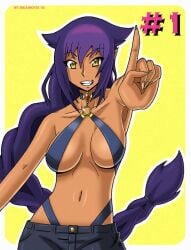 1female 1girls 2022 armpit artist_name artist_signature bare_arms bare_midriff bare_shoulders belly belly_button breasts covered_nipples cute cute_expression cute_face cute_fang dark-skinned_female dark_skin demon demon_girl digital_drawing_(artwork) digital_media_(artwork) fanart female female_focus female_only female_solo fit fit_female halterneck index_finger_raised jahy jahy_sama_wa_kujikenai! long_hair long_hair_female looking_at_viewer looking_pleasured navel oerba_yun_fang one_finger_up pants purple_hair shiny shiny_body shiny_breasts shiny_clothes shiny_hair shiny_skin solo solo_female solo_focus sseanboy23 thick thick_body thick_breasts thick_hips watermark yellow_background yellow_eyes