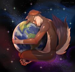 1boy 2024 anthro ass brown_fur canine canine claws closed_eyes closed_eyes digital_media_(artwork) dog_ears ear earth femboy fur furry hair hugging male male_only multicolored_fur multicolored_tail paws planet scarlet_side skinny sky space stars tail white_fur