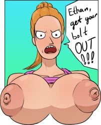 adult_swim areolae breasts breasts_out cleavage color diklonius english_text female female_only giant_breasts hi_res huge_breasts looking_at_viewer nipples nipples_visible_through_clothing ponytail red_hair rick_and_morty sketch summer_smith text text_bubble