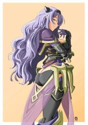 1girls alternate_eye_color armor ass automatic_giraffe bare_thighs black_armor black_panties black_thighhighs border breasts butt_crack camilla_(fire_emblem) cleavage dated female female_only fire_emblem fire_emblem_fates gloves hair_over_one_eye highres inner_thighs large_ass large_breasts long_hair looking_at_viewer looking_back medium_breasts nintendo orange_background orange_eyes panties pelvic_curtain purple_hair see-through signature simple_background smile solo thighhighs thighs tiara underwear very_long_hair wavy_hair white_border