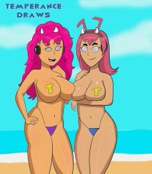 2girls accessory ahoge alien alien_girl alien_humanoid beach bikini bikini_bottom brainwashed brainwashing breasts dc dc_comics dcau hand_on_hip headphones holding_up_breasts hypnosis hypnotized kole koriand'r long_hair mind_control open_mouth orange_skin pasties pink_hair short_hair smile starfire teen_titans temperancedraws