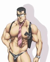 balls bara bulge detective_speedo kochikame male male_focus male_only muscles muscular necktie penis rabbit_(artist) rabbit_(pixiv744412) solo solo_male sunglasses takeshi_kitano thong