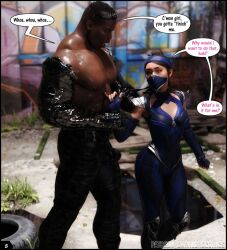 1boy1girl 3d abs areolae_visible_through_clothing arm_grab asian asian_female background bandana belt bulge bulge_through_clothing camouflage camouflage_pants comic comic_page dark-skinned_male darklord dialogue edenian elbow_gloves gloves hair_bun hips jax_briggs kitana kitana_(mk11) long_boots looking_at_partner metal_arm mortal_kombat mortal_kombat_11 princess robotic_arm royalty shoulder_armor teeth tied_hair tight_clothing