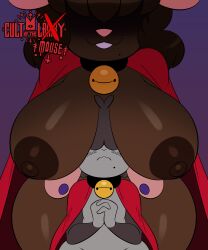 1boy 1girls bell big_breasts big_thighs black_hair brown_fur brown_nipples cult_of_the_lamb cultist femboy femdom furry grey_fur isolatedartest lamb_(cult_of_the_lamb) mouse no_bra oc size_difference smile