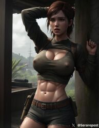 1girls abs ai_generated big_breasts brown_hair ellie_(the_last_of_us) ellie_williams erect_nipples erect_nipples_under_clothes hard_nipples hotpants jeans large_breasts midriff muscular_female naughty_dog nipple_bulge nipples nipples_visible_through_clothing sarairt shirt shorts stable_diffusion the_last_of_us the_last_of_us_2 toned toned_female wet_body