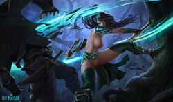 1girls akali_jhomen_tethi armor black_hair breasts brown_eyes clothed combat female league_of_legends liquidshadow mask nipples pussy solo weapon