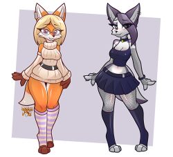 2024 2d_(artwork) 4_fingers :3 anthro belt black_eyes blouse blue_eyes border bottomwear bracelet breasts canid canine canis clara_(zerlix_fox) clothing collar countershading digital_media_(artwork) dipstick_ears duo ear_piercing ears_up eyelashes eyeliner eyewear fanny_(zerlix_fox) female fingers fluffy footwear fox friends fur glasses goth hair hi_res jewelry latex legwear makeup mammal mesh_shirt multicolored_ears narrowed_eyes nerd orange_body paws piercing red_fox ring_piercing seductive signature simple_background skirt small_waist socks sweater tail thick_eyelashes thick_thighs thigh_highs thin_eyebrows topwear white_body white_border wide_hips wolf zerlix_fox