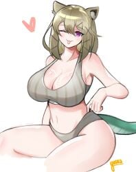 ;p animal_ears arknights artist_name bikini blonde_hair blush breasts cleavage cum cum_on_body cum_on_breasts fang_out female grey_bikini hair_between_eyes hair_ornament hairclip heart highres large_breasts looking_at_viewer medium_hair navel oerba_yun_fang one_eye_closed purple_eyes skin_fang solo swimsuit tail thighs tongue tongue_out utage_(arknights) x_hair_ornament yosua_0669