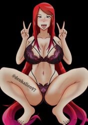 1girls ahe_gao big_breasts blush bra breasts busty cleavage deukalion97 double_peace_sign eyes_rolling_back female female_only huge_breasts long_hair lowres mature mature_female midriff milf naruto naruto_(series) naruto_shippuden open_mouth panties peace_sign purple_eyes solo solo_female solo_focus squatting tongue tongue_out underwear uzumaki_kushina very_long_hair