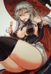 10s artist_request bare_shoulders big_breasts black_thighhighs blush breasts clothes_lift cygames detached_sleeves diaper dress dress_lift female granblue_fantasy hair_between_eyes hat highres large_breasts long_hair magisa_(granblue_fantasy) moire pacifier photo_(medium) red_eyes saliva sideboob silver_hair simple_background solo thighhighs white_background witch_hat