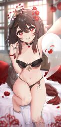 1girls bed bedroom black_nails brown_hair female_focus flower flower_in_hair genshin_impact ghost hu_tao_(genshin_impact) light-skinned_female light_skin long_hair looking_at_viewer pillows red_eyes sailorleyla selfie small_breasts smiling_at_viewer solo_female window