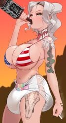 1girls american_flag_bikini bikini_top cigarette diaper drinking green_eyes liquor liquor_bottle looking_at_viewer messy messy_diaper messy_hair milkriot original original_character peeing selene_(milkriot) tattoo tattooed_arm tattoos wet wet_diaper white_hair