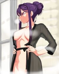 1female 1girls bathrobe big_breasts breasts doki_doki_literature_club female female_focus female_only girl hair_bun hairbun long_hair lplatelets navel nipples purple_eyes purple_hair robe robe_only see-through see-through_clothing see_through see_through_clothing solo solo_female solo_focus yuri_(doki_doki_literature_club)