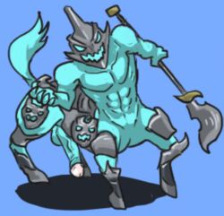 abs blue_skin centaur hecarim helmet hooves league_of_legends male male_only muscular_male solo spear tail taur veiny_penis