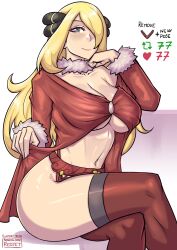 1girls big_breasts blonde blonde_female blonde_hair blonde_hair_female breasts christmas christmas_outfit color cynthia_(pokemon) female female_focus female_only game_freak hi_res large_breasts light-skinned_female light_skin lingerie long_hair looking_at_viewer nintendo pokeball pokemon pokemon_champion pokemon_dppt pokemon_trainer redjet sitting solo solo_female stockings strip_game tagme text thick_thighs underwear