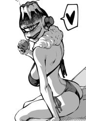 ass bikini bikini_bottom bikini_top black_and_white breasts dingotoad genderswap_(mtf) heart jogo_(jujutsu_kaisen) jujutsu_kaisen large_breasts looking_at_viewer looking_back one_eye rule_63 sideboob sitting smile smoking white_background