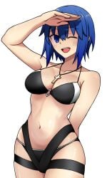 :d arm_behind_back bikini black_bikini blue_eyes blue_hair breasts c.i.e.l_(fate) c.i.e.l_(first_ascension)_(fate) ciel_(tsukihime) collarbone commentary_request cross cross_necklace female highres jewelry large_breasts medium_hair moyashi_(tenor366) navel necklace one_eye_closed open_mouth simple_background skindentation smile solo swimsuit thigh_strap tsukihime tsukihime_(remake) white_background