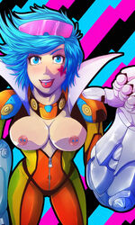 1girls arcade_series blue_eyes blue_hair league_of_legends neon_strike_vi pierced_nipples tagme vi