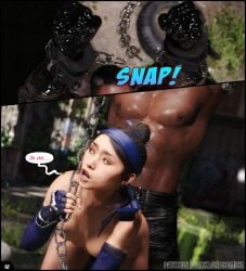 1boy1girl 3d abs amazed armpits asian asian_female bandana belt breasts broken_chain camouflage camouflage_pants chains comic comic_page dark-skinned_male dark_skin darklord dialogue edenian elbow_gloves gloves hair_bun interracial interracial_sex jax_briggs kitana kitana_(mk11) mortal_kombat mortal_kombat_11 open_mouth princess royalty teeth tied_hair