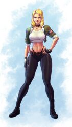 1girls alluring athletic_female big_breasts black_pants blonde_hair blue_eyes breasts choker crop_top cropped_jacket female female_abs female_only fingerless_gloves fit_female gloves green_jacket hand_on_hip high_res jacket jiggeh lipstick makeup midriff midway_games mortal_kombat mortal_kombat_1_(2023) mortal_kombat_4 mortal_kombat_armageddon mortal_kombat_deadly_alliance mortal_kombat_deception mortal_kombat_ii navel pants red_lips shirt short_hair smile solo sonya_blade ultimate_mortal_kombat_3 white_shirt