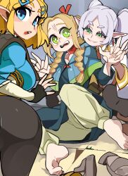 3girls absurd_res barefoot blonde_hair bongfillstudent crossover delicious_in_dungeon dungeon_meshi elf elf_ears elf_female feet female female_only frieren green_eyes hairclip looking_at_viewer marcille_donato nintendo princess_zelda smile smug sousou_no_frieren tears_of_the_kingdom the_legend_of_zelda twin_braids twintails white_hair zelda_(tears_of_the_kingdom)