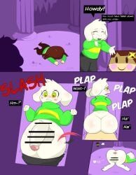 2022 3_toes all_fours anthro anthro_penetrated asriel_dreemurr ass ass_up balls big_balls big_butt big_penis black_bottomwear black_clothing black_eyes black_pants black_pupils blush bottomwear bovid brown_hair caprine censor_bar censored chara chara_(undertale) clothing comic dialogue duo english_text feet floppy_ears forced fur genitals glans goat green_clothing green_eyes green_shirt green_topwear grey_balls grey_body grey_fur grey_penis hair hi_res huge_balls huge_cock human human_on_anthro human_penetrating human_penetrating_anthro humanoid_pents interspecies male male/male male_penetrated male_penetrating male_penetrating_male mammal music_murder pants pants_dwn pattern_clothing pattern_shirt pattern_topwear penetration penis pink_cheeks pink_glans pupils rape red_cheeks sex shirt sparkles speech_bubble striped_clothing striped_shirt striped_topwear stripes surprise_sex text text_box toes topwear torn_clothing undertale undertale_(series) white_body white_fur yellow_clothing yellow_shirt yellow_topwear