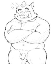 1boy 2024 absurd_res anthro balls flaccid genitals goujuyu hi_res kemono kensuke_shibagaki_(odd_taxi) male male_only mammal musclegut odd_taxi overweight overweight_male penis simple_background solo suid suina sus_(pig) white_background wild_boar