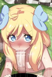 1boy 1girls absurdres ahoge bar_censor blonde_hair blue_eyes blue_ribbon blush breasts censored commentary constricted_pupils erection fellatio female hair_over_breasts hair_ribbon heart heart-shaped_pupils highres jashin-chan jashin-chan_dropkick lamia long_hair looking_at_viewer mixed-language_commentary mizumizuni monster_girl motion_lines nude oerba_yun_fang oral penis pointless_censoring pov ribbon saliva small_breasts solo_focus steaming_body straight sweat symbol-shaped_pupils tatami v-shaped_eyebrows variant_set veins veiny_penis