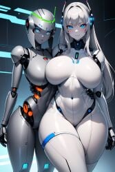 2girls ai_generated big_breasts blue_eyes flushed futuristic grey_skin headphones helmet helmet_removed long_hair looking_at_viewer ponceai posing_for_picture posing_for_the_viewer robot robot_girl robot_humanoid robot_joints robotic_arm silver_hair thick_thighs twitter_username two_girls white_skin wide_hips