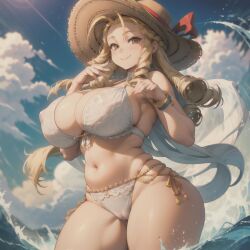 1girls ai_generated big_breasts bikini blonde_hair capcom curvy_female curvy_figure darkhathaway feet_out_of_frame female female_only gold_eyes huge_breasts karin_kanzuki large_breasts light-skinned_female light_skin looking_at_viewer nipples_visible_through_clothing standing street_fighter street_fighter_alpha_3 street_fighter_v swimsuit thick thick_thighs voluptuous voluptuous_female water wide_hips