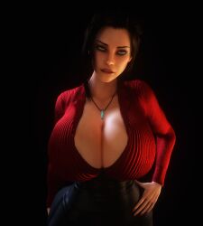 1girls 3d 3d_(artwork) alternate_breast_size big_breasts biting_lip biting_own_lip black_hair black_skirt cleavage elexis_sinclaire female female female_only female_solo green_eyes hips hourglass_figure huge_breasts large_breasts looking_at_viewer necklace open_clothes open_shirt sin_(game) skirt small_waist solo solo_female thighs thin_waist tight_clothing top_heavy upper_body vaako wasp_waist wide_hips