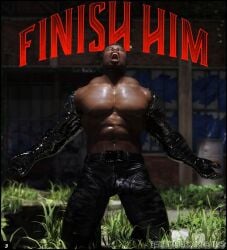 1boy1girl 3d abs background belt camouflage camouflage_pants comic comic_page dark-skinned_male darklord dialogue finish_him jax_briggs kitana kitana_(mk11) male_only metal_arm mortal_kombat mortal_kombat_11 on_knees robotic_arm scream teeth