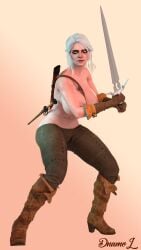 3d alternate_breast_size artist_request breasts ciri female fighting_stance green_eyes half_nude huge_breasts nipples shirtless solo stance sword the_witcher_(series) the_witcher_3:_wild_hunt topless white_hair