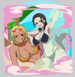 2girls amputated_arm amputee big_breasts bikini black_bikini black_hair blonde_hair cleavage donquixote_doflamingo female female_only genderswap_(mtf) licking_lips medium_hair no_eyebrows one_piece orange_bikini pale-skinned_female pale_skin plywood50482688 rule_63 short_hair sir_crocodile smile sunglasses sunglasses_on_head tan_skin underboob