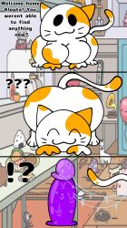 anthro bodily_fluids comic dialogue dildo dildo_size_difference domestic_cat felid feline felis female female_focus genital_fluids hi_res klepta_(skeletonhearts) kleptocat kleptocats mammal messy offscreen_character purple_dildo pussy_juice sex_toy skeletonhearts solo