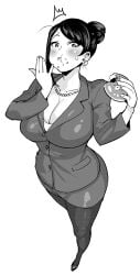 :t ^^^ anpan bad_id bad_tumblr_id bijin_onna_joushi_takizawa-san breasts cleavage eating female food food_on_face foreshortening formal greyscale hair_bun highres huge_breasts jewelry legs long_hair looking_at_viewer mature_female miniskirt mole mole_under_mouth monochrome necklace pantyhose pearl_necklace pencil_skirt simple_background single_hair_bun skirt skirt_suit solo standing suit surprised synecdoche takizawa_kyouko thick_thighs thighs white_background