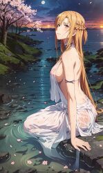 1girls ai_generated artist_request brown_eyes brown_hair cherry_blossoms clouds embarrassed female female_only moon rocks shy sideboob sitting solo source_request stable_diffusion sword_art_online trees wet_clothes yuuki_asuna