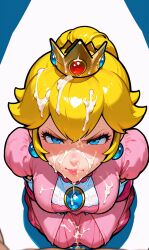 ai_generated angry annoyed blonde blonde_female blonde_hair blonde_hair_female bukkake cum cum_drip cum_on_face dress from_above kneeling mario_(series) non_consensual pink_dress pov princess princess_peach stable_diffusion