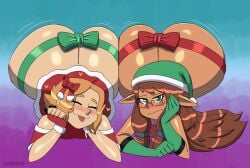 2boys 2femboys ass ass_to_ass big_ass big_butt blush bow brown_hair christmas christmas_outfit closed_eyes elf elf_ears elf_male fable_ardo_(kc0r3) femboy feminine_male floofy_hair glasses green_eyes huge_ass laying_down long_hair mole_under_eye oc orange_hair pineapple_(gats) short_hair smiling tan_skin tongue_out zrfurious