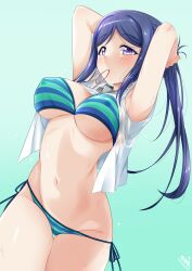 1girls adjusting_hair bikini breasts bunji cleavage groin hair_tie_in_mouth large_breasts long_hair love_live! love_live!_sunshine!! matsuura_kanan navel nipple_bulge shirt shirt_lift standing striped_bikini thigh_gap thighs underboob wet wet_shirt