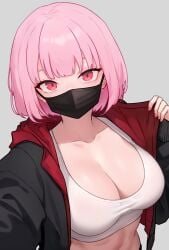 1girls alternate_hairstyle bluefield breasts cleavage female hololive hololive_english hololive_myth huge_breasts light-skinned_female light_skin mask mori_calliope naughty_face pink_eyes pink_hair short_hair virtual_youtuber