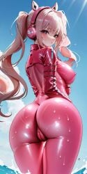 ai_generated ai_upscaled alice_(nikke) animal_ear_headphones bodysuit bubble_butt closed_mouth female female_focus female_human female_only goddess_of_victory:_nikke headphones large_ass looking_at_viewer looking_back looking_back_at_viewer shiny_clothes solo solo_female sunlight sunlight_rays tight_clothing tight_dress twintails white_hair