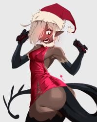 1girls akunobeato ass blush breasts christmas christmas_outfit clothed dark-skinned_female dark_skin dress elf_ears female no_panties okuma_jesus_kilman_(akunobeato) original_character pointy_ears santa_hat sharp_teeth sideboob solo tail tan_skin thighs void_dot_exe