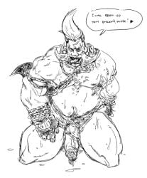 balls big_penis birdie boner capcom erection facial_hair male male_only mohawk monochrome musclegut muscles on_knees overweight penis solo solo_male speech_bubble staticlustdemons street_fighter sweat sweating tattoo tattoo_on_belly tongue_out wuffinarts