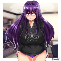 1girls ass bedroom big_ass big_breasts big_thighs blush breasts cute doki_doki_literature_club embarrassed huge_ass huge_breasts huge_thighs jacket light-skinned_female long_hair looking_to_the_side panties purple_eyes purple_hair seireiart tagme thick_hips thick_thighs thighs wide_hips yuri_(doki_doki_literature_club)