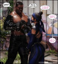 1boy1girl 3d abs asian asian_female ass background bandana bare_back belt big_ass bulge bulge_through_clothing camouflage camouflage_pants chains comic comic_page confused dark-skinned_male darklord dialogue edenian elbow_gloves gloves graffiti hair_bun hips jax_briggs kitana kitana_(mk11) looking_at_partner masked masked_female metal_arm mortal_kombat mortal_kombat_11 princess robotic_arm royalty tied_hair tight_clothing