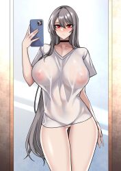 1girls areolae big_breasts bottomless breasts busty choker curvy dogs_(dlrkdejr26) female female_only long_hair mirror mirror_selfie nipples nipples_visible_through_clothing no_panties original original_character phone pussy pussy_peek see-through see-through_clothing see-through_shirt selfie shirt silver_hair solo voluptuous wet_clothes